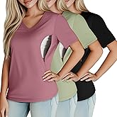 Huukeay 3 Pack Women's Maternity Nursing Tops, Hidden Zippers Breastfeeding Clothes V Neck Short Sleeve Pregnancy Shirts Tees