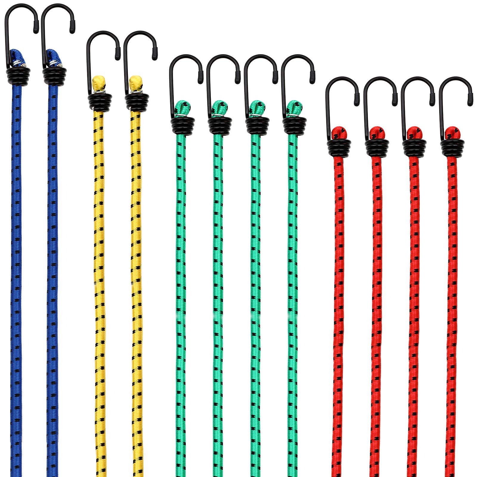 DEUBAยฎ 12x Bungee Cords With Hooks | 4 Lengths 30-95cm | Lashing Straps for Securing Luggage, Camping Tents, Tarps, Garden Furniture, Wheelie Bin Lid | Weatherproof & Scratch Resistant