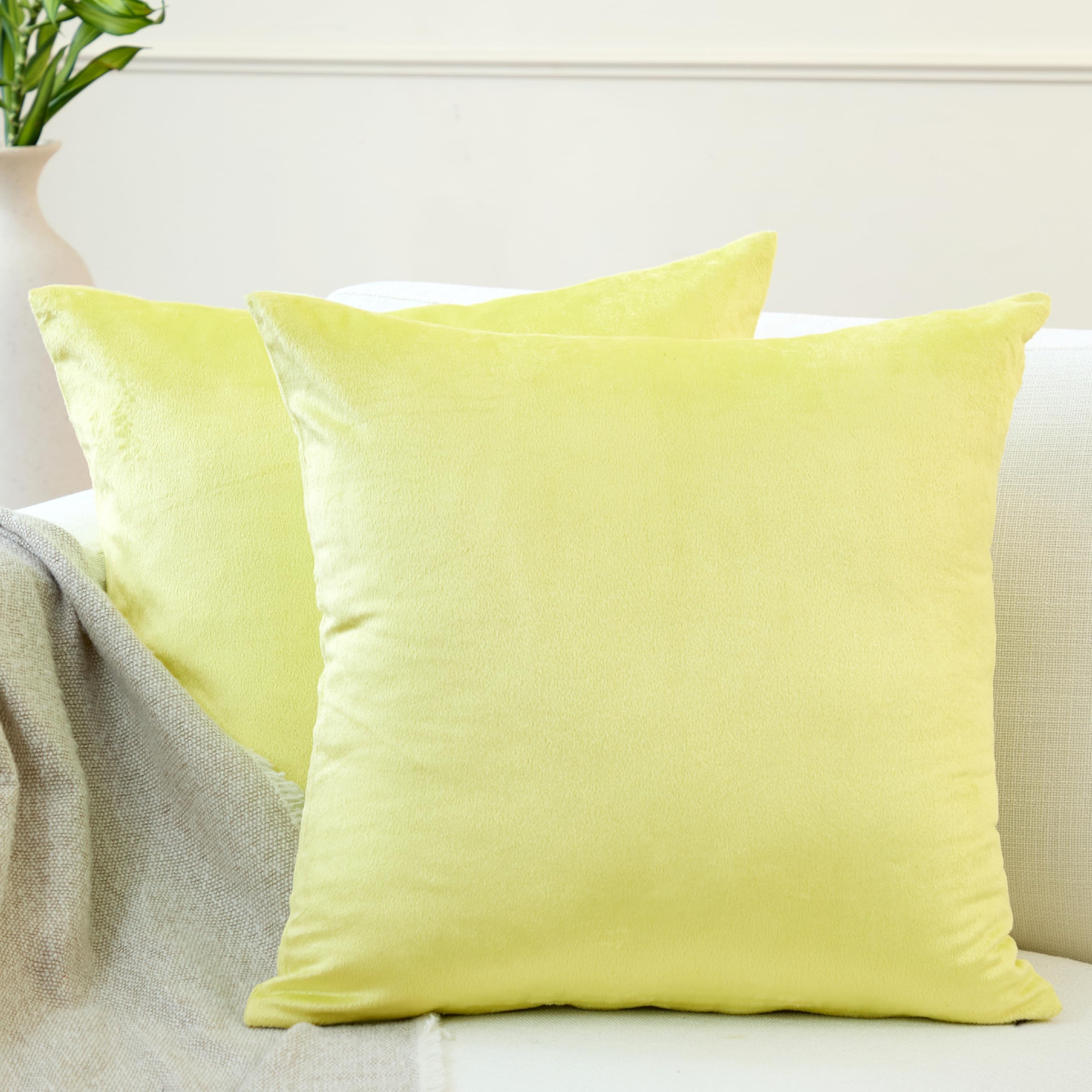 Encasa XO Velvet Cushion Covers (60x60 cm) Set of 02 | Pale Lime | Luxurious Square Velvet Throw Pillow Covers With Invisible Zippers | Living Room, Sofa, Chair