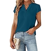 Blooming Jelly Women's Dressy Casual Tops Business Work Blouses White Button Down Shirts Cap Sleeve V Neck Tshirt
