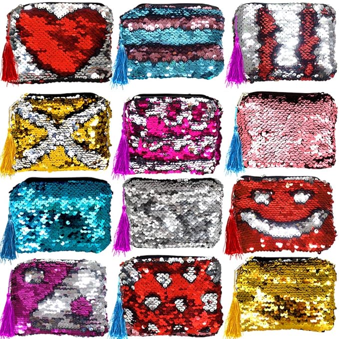 German Trendseller® - 12 x Glitzer Kinder Geldbörse ? Mitgebsel ? Kindergeburtstag ? Portmonees mit Quasten und Wendepaillett