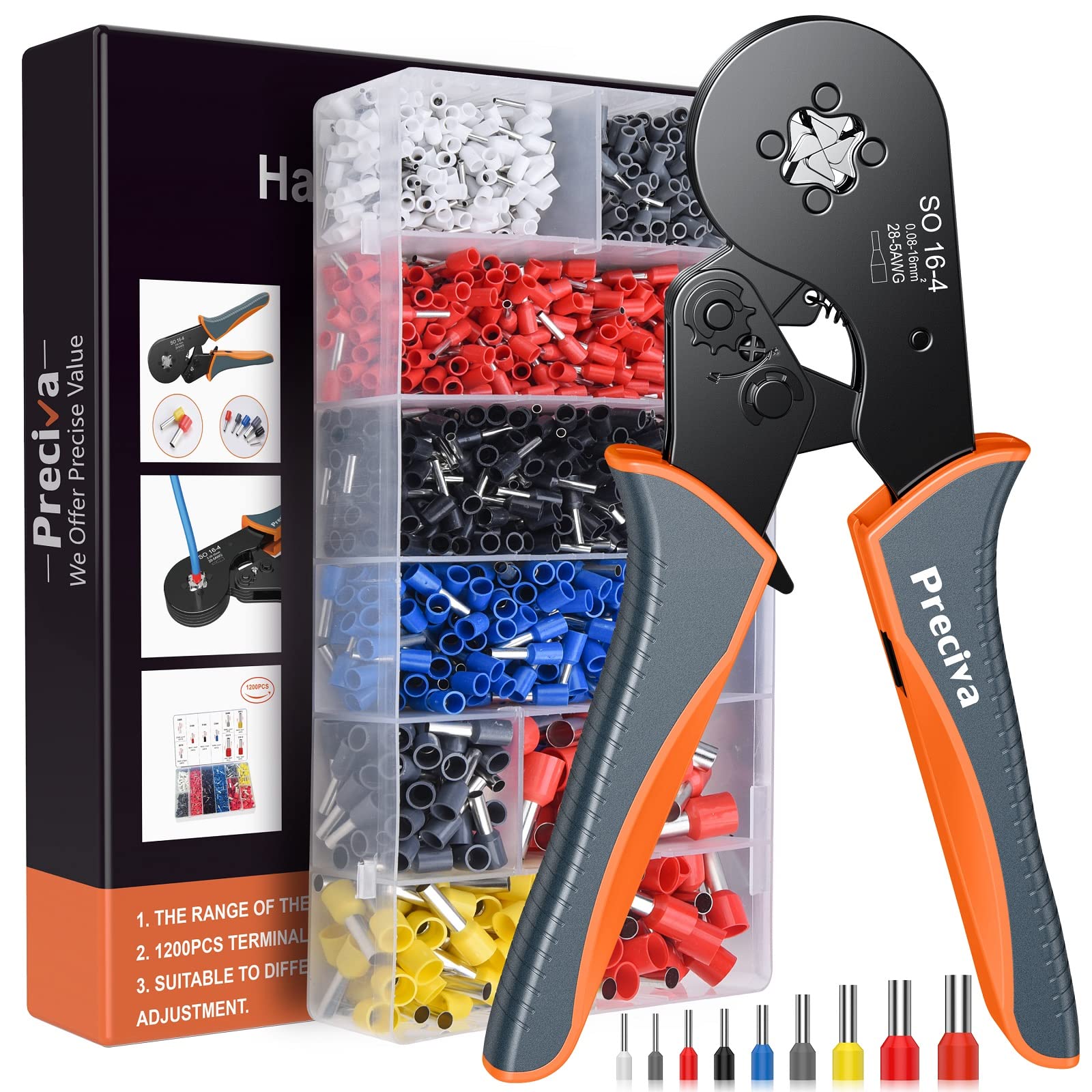 Bootlace Ferrule Crimping Tool, Preciva 0.08-16mm²/AWG 28-5 Ferrule Crimper-Tool with 1200pcs Ferrules, Self-Adjsutable Ratchet Wire Crimping-Tool,Wire Terminal Device Set