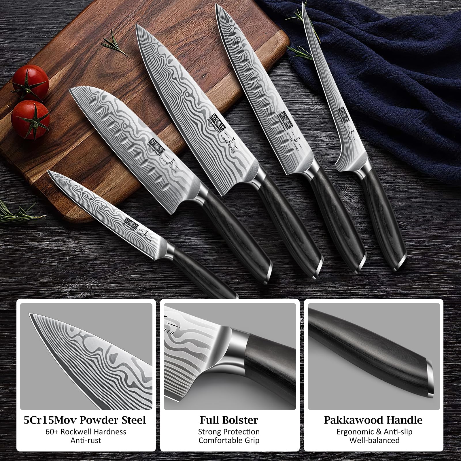 HOSHANHO 16-teiliges Messerblock Set, Ultra Scharfes Messerset aus Edelstahl mit Hohem Kohlenstoffgehalt, Kochmesserset Professionelles Küchenmesserset mit Schärfer und Pakkawood-Griff 4