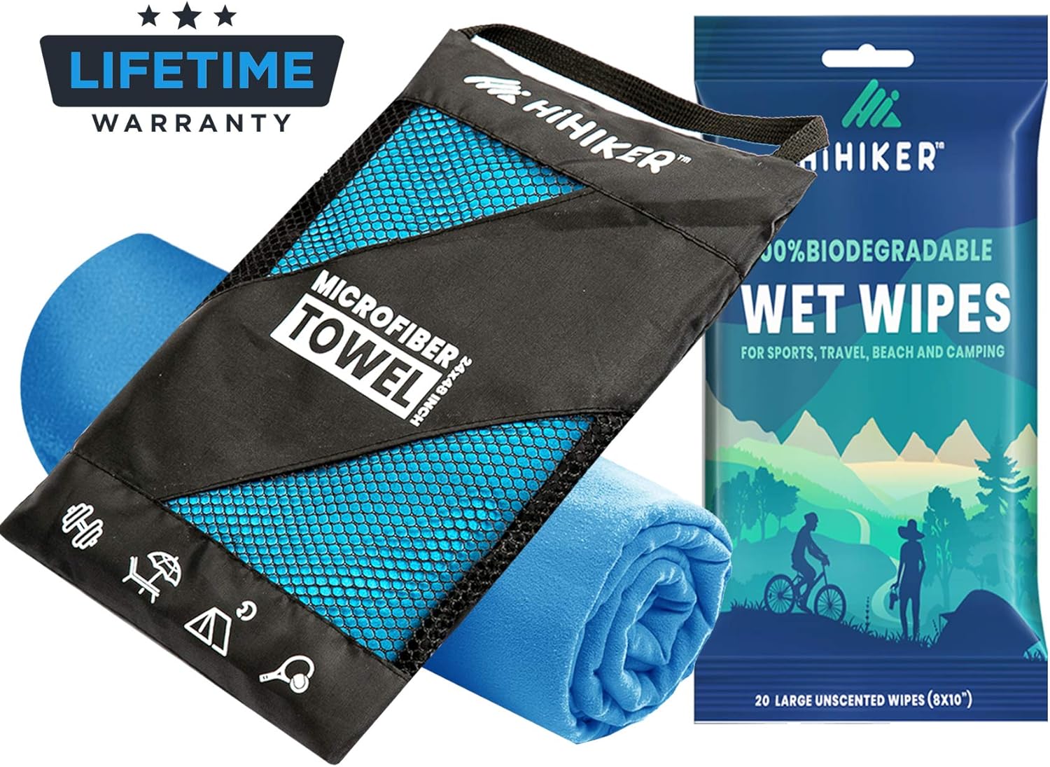 HiHiker Microfiber Camping Towel + Biodegradable Outdoor Wipes - Compact Towel Quick Dry & Lightweight for Gym, Travel, Swimming, Beach and Backpacking : Sports & Outdoors