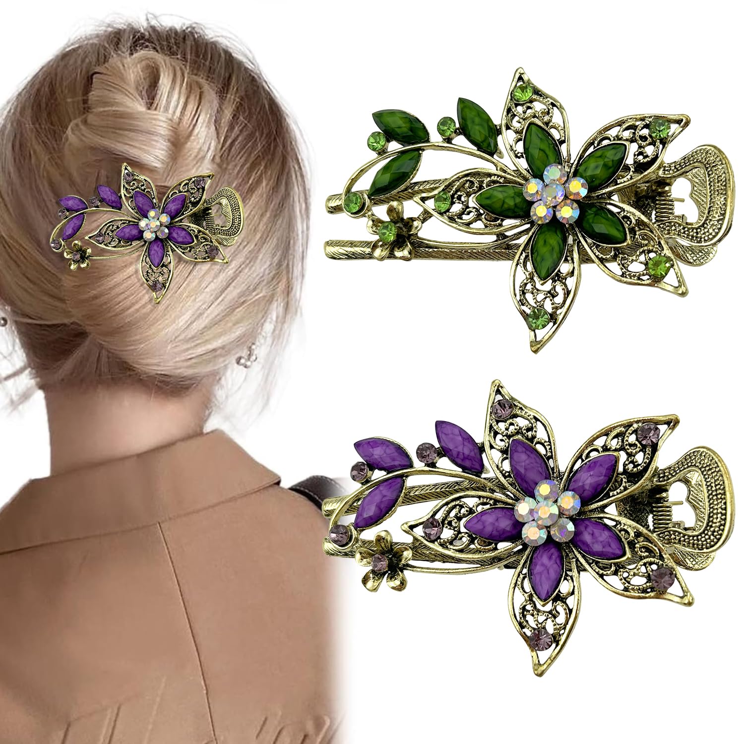 2Pcs Vintage Flower Jewelry Design Hairpin,Rhinestone Flower Hair Clips Hair Barrette for Women and Girls French Style Hair Clips Hair Accessories