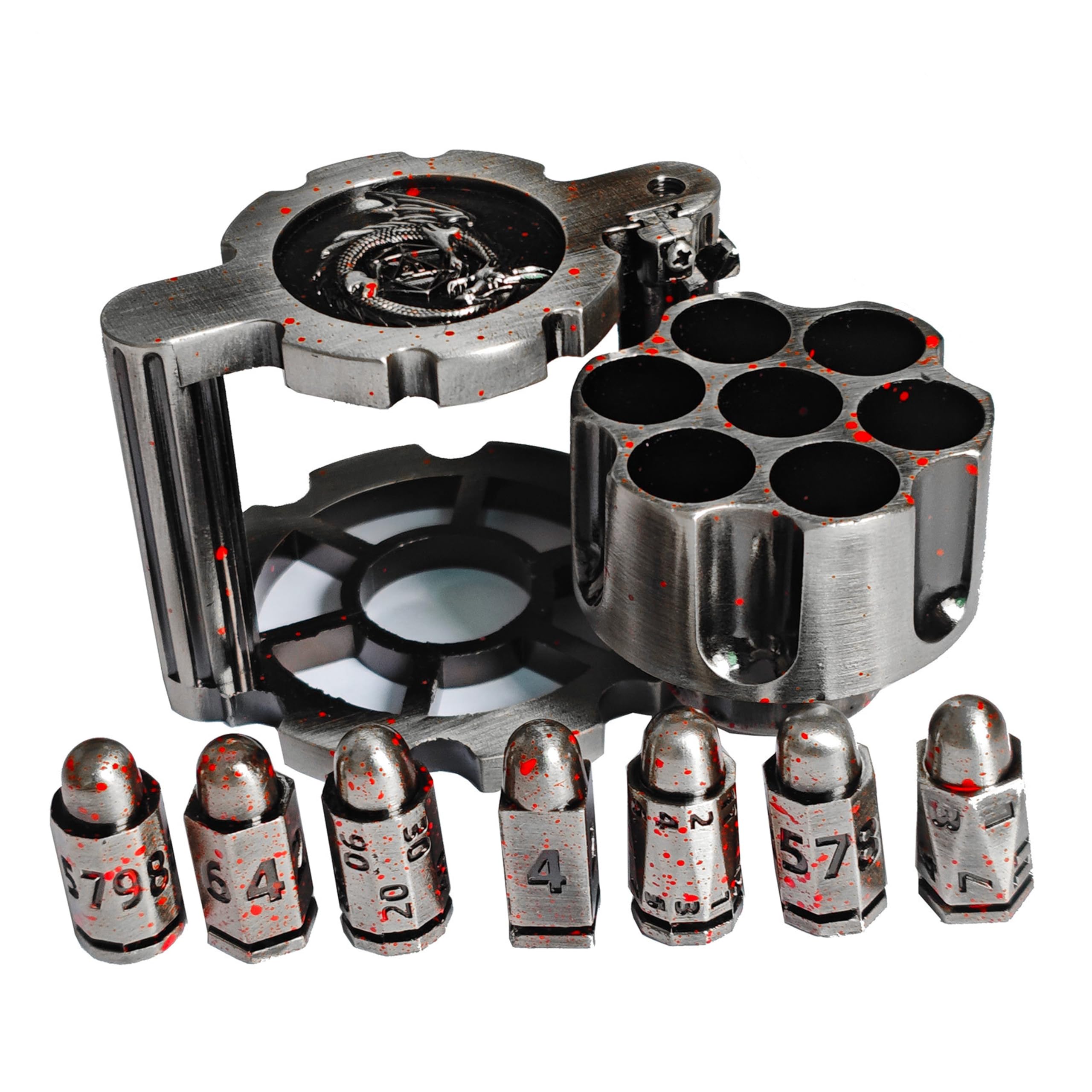 Revolver Metal Dice Set, 7 Piece Polyhedral Bullet Dice with Spinning Revolver Cylinder Case, Cyberpunk Style Tabletop RPG Dice for Dungeons and Dragons, Table Games