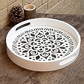 LINKOVE 12" Decorative Tray, Round Wood Tray for Home Decor, Small Wooden Serving Tray with Handles for Coffee Table Decor Centerpiece Ottoman Counter,White Circle Candle Perfume Tray Decor