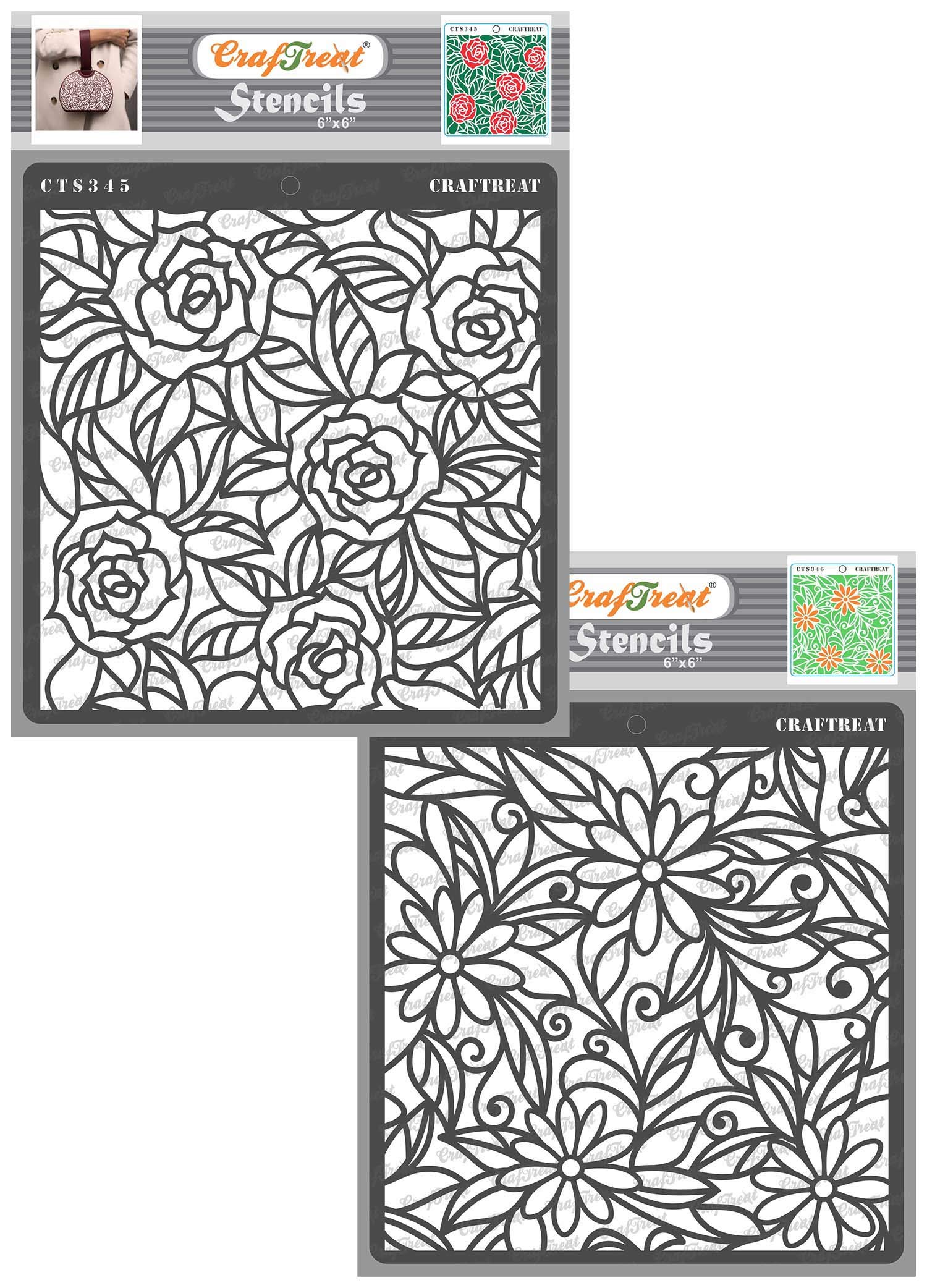 CrafTreat Reusable Flower Stencils for Painting on Wood, Canvas, Paper, Fabric, Wall and Tile - Rose with Leaf Background and Daisy with Leaf Background - 2 Pcs - 6x6 Inches Each - DIY Stencils