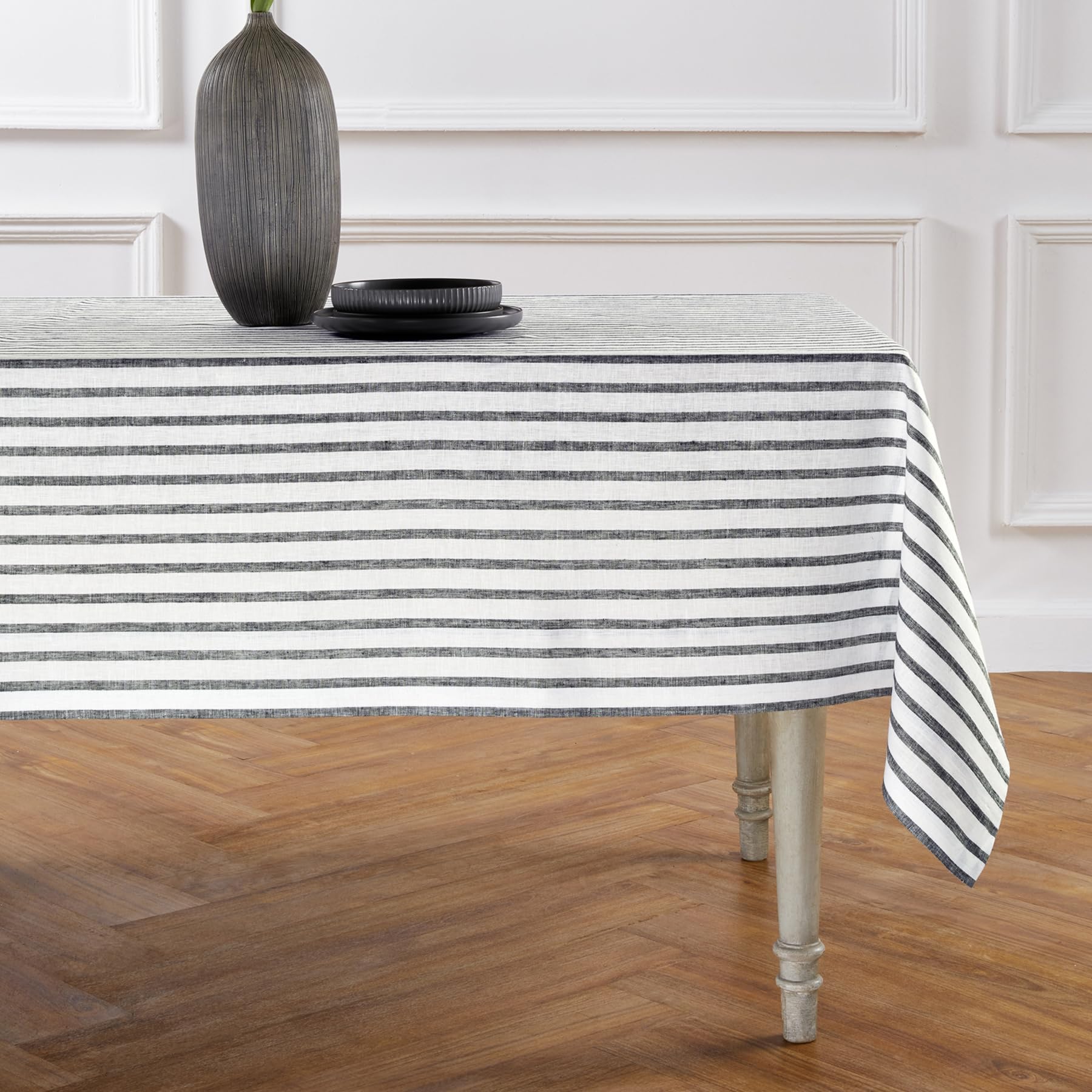 Photo 1 of Solino Home Striped Tablecloth 60 x 108 Inch - 100% Pure Linen Black and White Table Cloth for Rectangle Tables - Madison Stripe, Machine Washable Tablecloth for Spring, Mothers Day, Summer