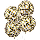 Disco Ball Balloons 4PC,Foil Disco Balloons 22 Inch 4D Round Metallic Gold Silver Balloon for 70s 80s Birthday Bachelorette New Year Graduation Decorations