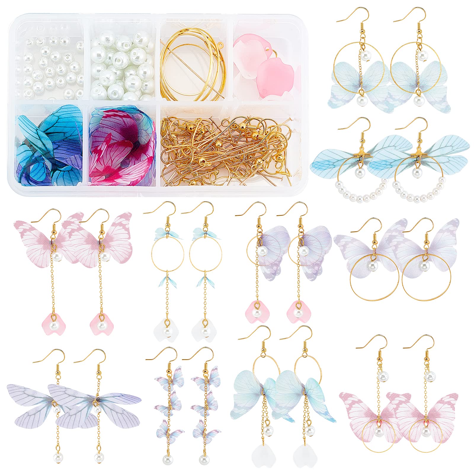 SUNNYCLUE 1 Box DIY Make 10 Pairs Butterfly Earring Making Kit Including Fabric Butterfly Wing Charms Glass Peal Beads Linking Rings Jewellery Findings for Adults Beginners DIY Earring Making