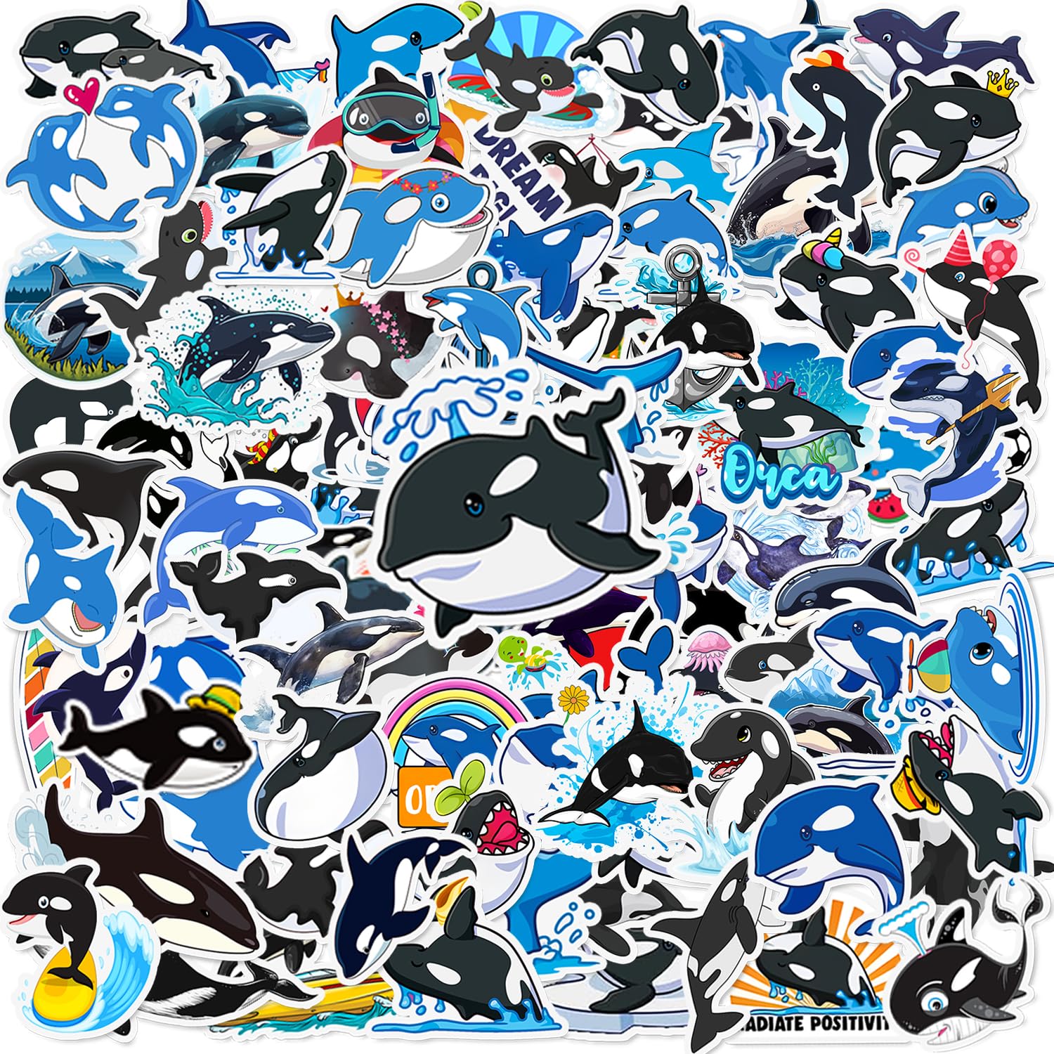 Photo 1 of 100 PCS Orca Whale Stickers, Orca Killer Whale Party Favors Under The Sea Ocean Animal Orca Birthday Party Decorations Supplies Waterproof Vinyl Stickers for Water Bottle Laptop
