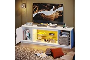 Bestier LED TV Stand with Power Outlets for 55/60/65 Inch TV, Gaming Entertainment Center with Cabinet for PS5, Modern TV Cabinet with Adjustable Glass Shelves for Bedroom 58 Inch Carbon Fiber White