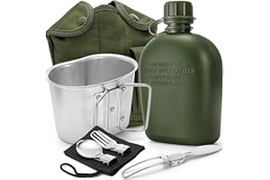 ZOOFOX Military Canteen, 1 Quart Portable Army Water Bottle with Aluminum Cup, Stainless Steel Spoon, Fork and Knife, Plastic