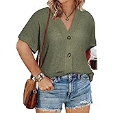 Eytino Womens Plus Size Tops Casual V Neck Short Sleeve Waffle Knit Button Down Shirts(1X-5X)