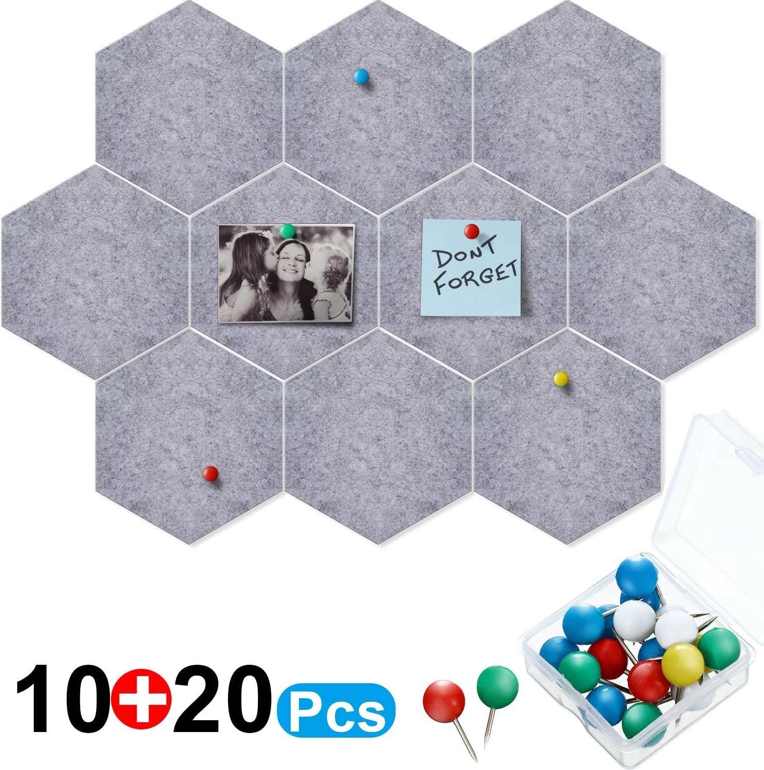 10 Packs Pin Board Hexagon Felt Board Tiles Bulletin Board Memo Board with 20 Pieces Push Pins, Decoration for Home Office Classroom Wall (Gray, 5.9 x 7 Inches/ 15 x 17.7 cm)