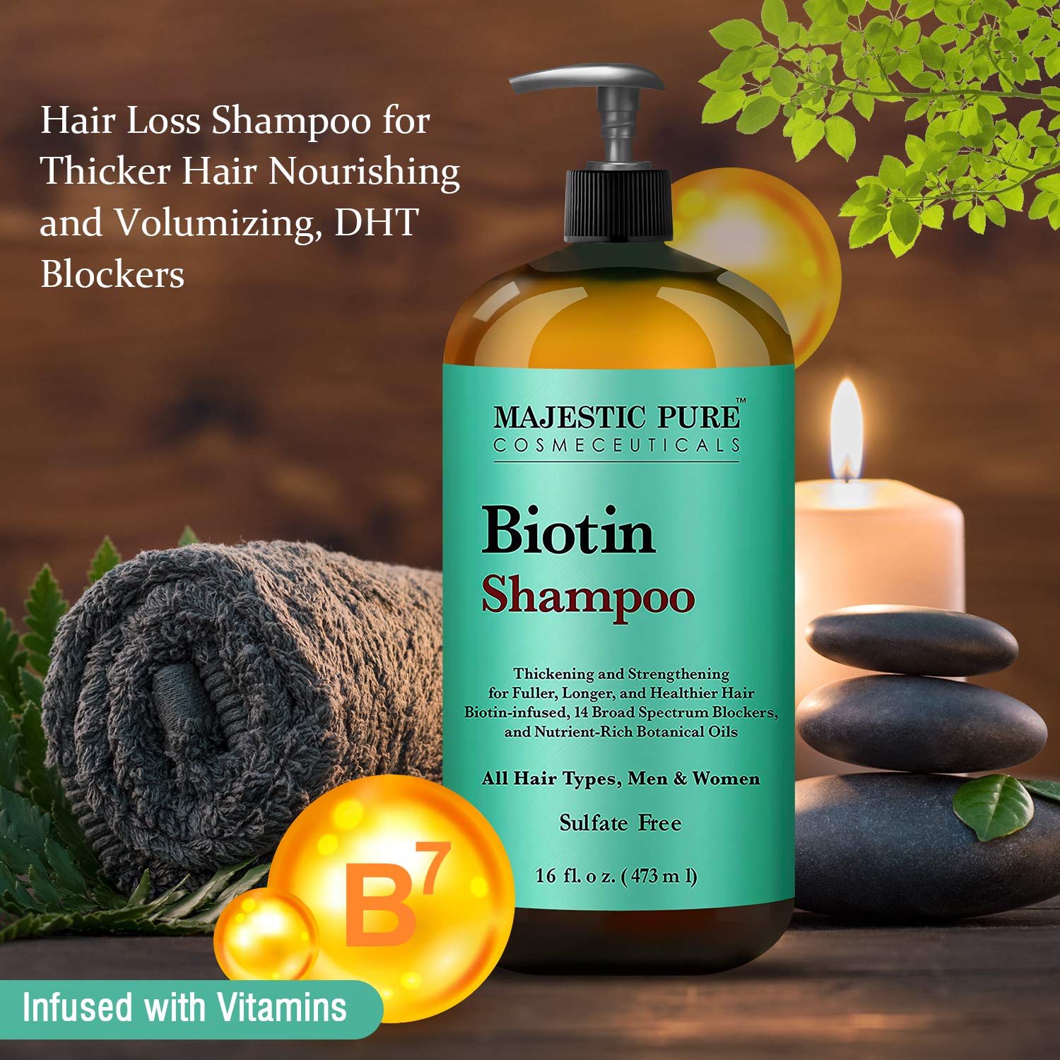Majestic Pure Biotin Hair Shampoo - Hair Loss Shampoo for Thicker Hair - Infused with Vitamins, Nourishing and Volumizing, DHT Blockers, for Men & Women - 16 fl oz: Beauty