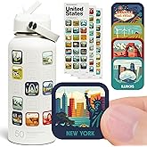 THE GEOPROJECT 50 States Bucket List Water Bottle with Stickers - 32oz Leakproof Insulated Stainless Steel with Straw & 50 States Water Bottle Stickers (Tan)