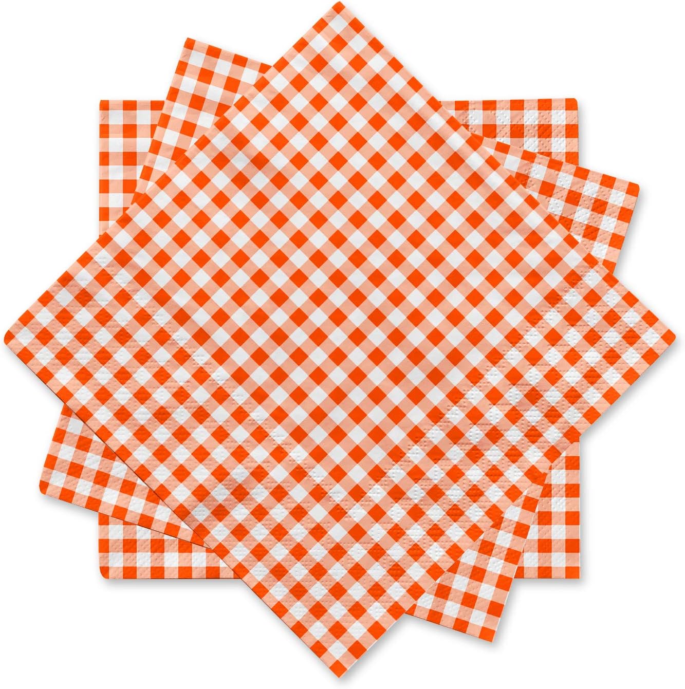 Gatherfun Disposable Paper Napkins 3-ply Orange and White Gingham Beverage Napkins for Dinner, Picnic, Birthday Party（6.5X6.5 in, 50-Pack)