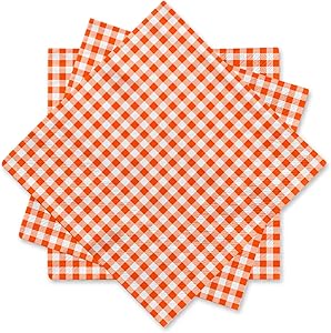 Gatherfun Disposable Paper Napkins 3-ply Orange and White Gingham Beverage Napkins for Dinner, Picnic, Birthday Party（6.5X6.5 in, 50-Pack)