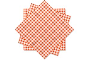 Gatherfun Disposable Paper Napkins 3-ply Orange and White Gingham Beverage Napkins for Dinner, Picnic, Birthday Party（6.5X6.5 in, 50-Pack)