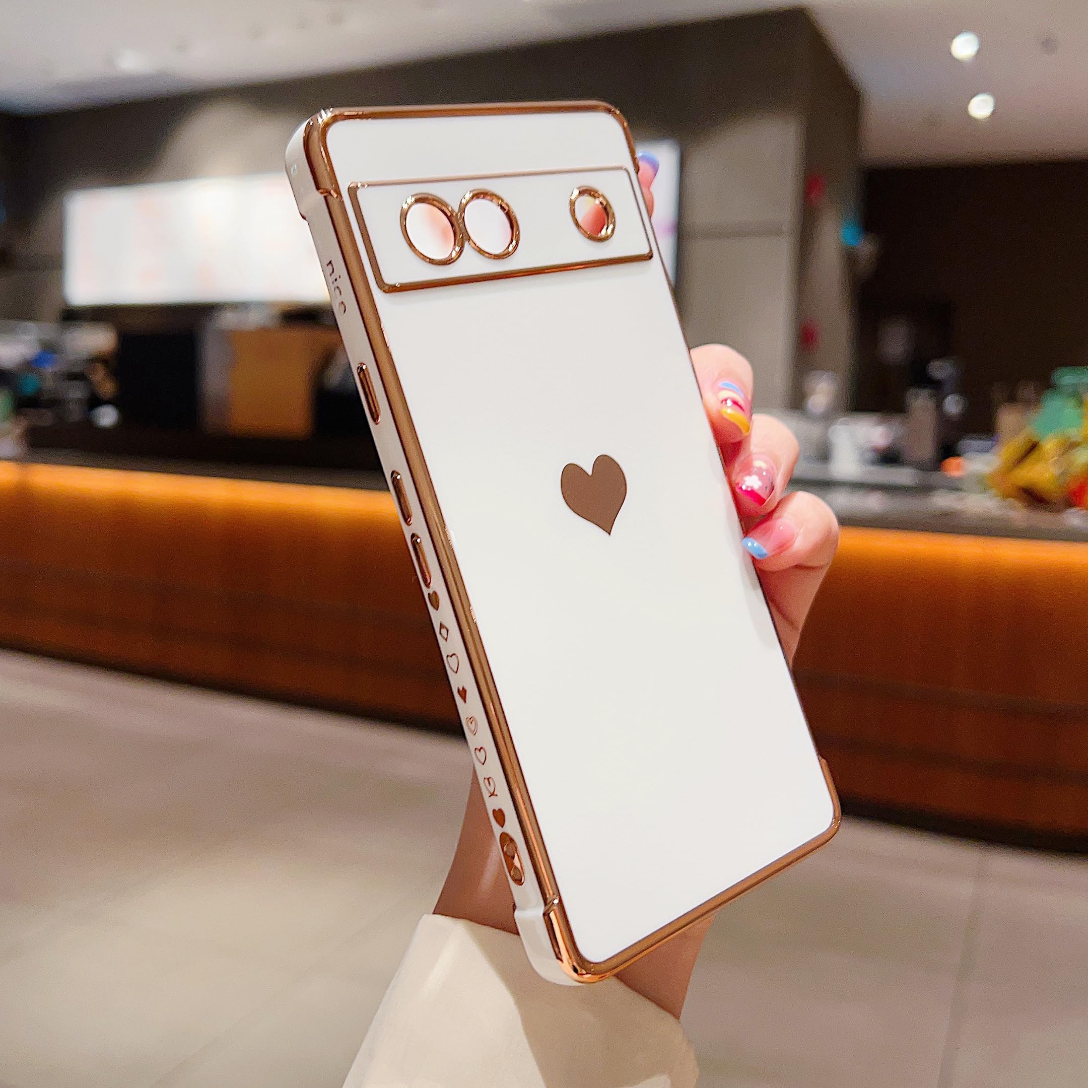 LSOUGUK Compatible with Google Pixel 7a Case,Love Heart Pattern Electroplated Design Soft TPU Shockproof Protective Phone Case Full Camera Lens Protection Cover for Google Pixel 7A-White