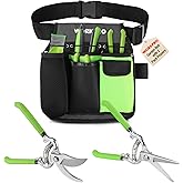 WORKPRO 2-Piece Pruning Shears and Garden Tool Belt Set, Gardening Belt with 5 Pockets and Adjustable Waist Belt, 8" Bypass Garden Shears and 8'' Handing Pruner with Steel Straight Blade