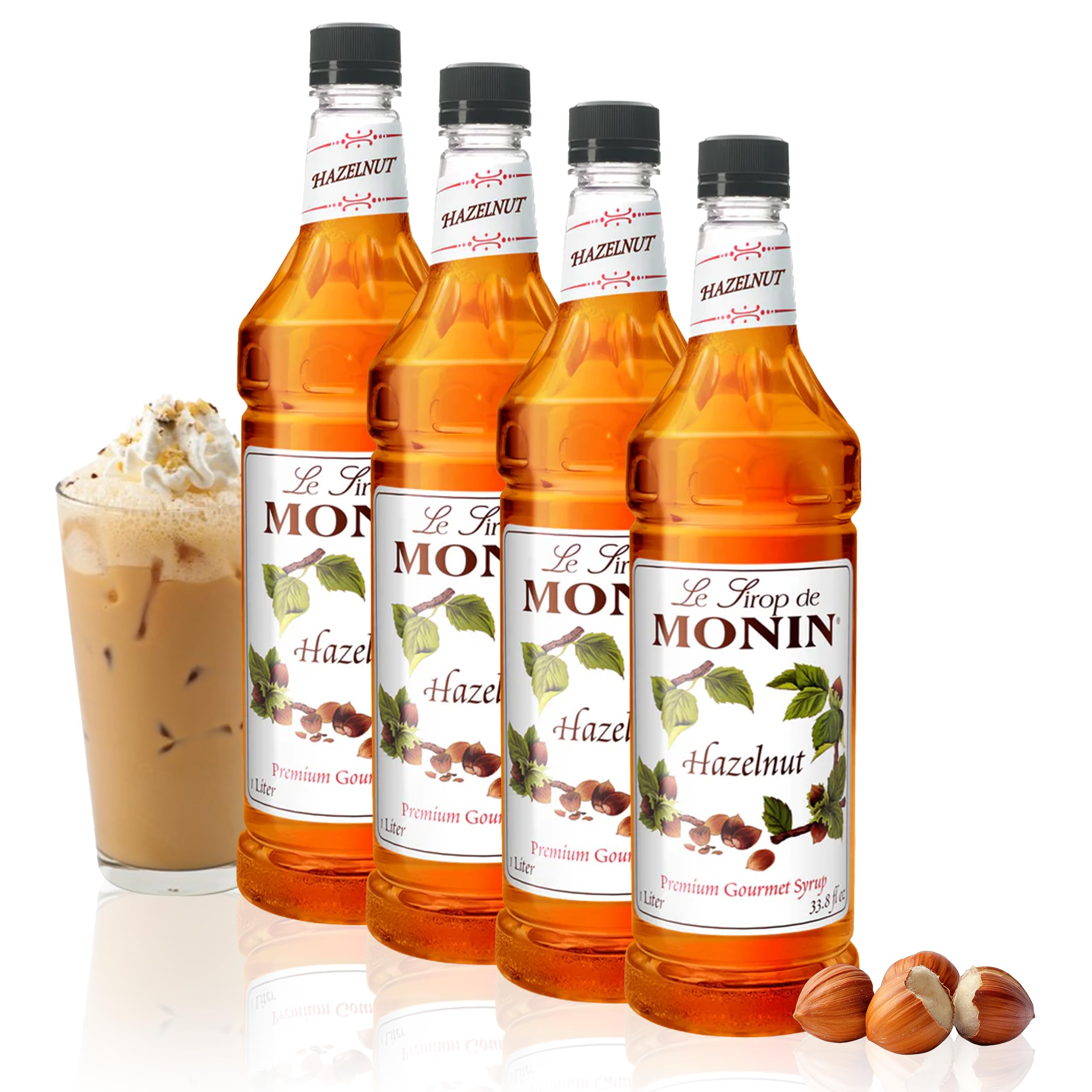 Monin - Hazelnut Syrup, Nutty Taste of Caramelized Hazelnut, Natural Flavors, Great for Mochas, Lattes, Smoothies, Shakes, and Cocktails, Non-GMO, Gluten-Free (1 Liter, 4-Pack) Image