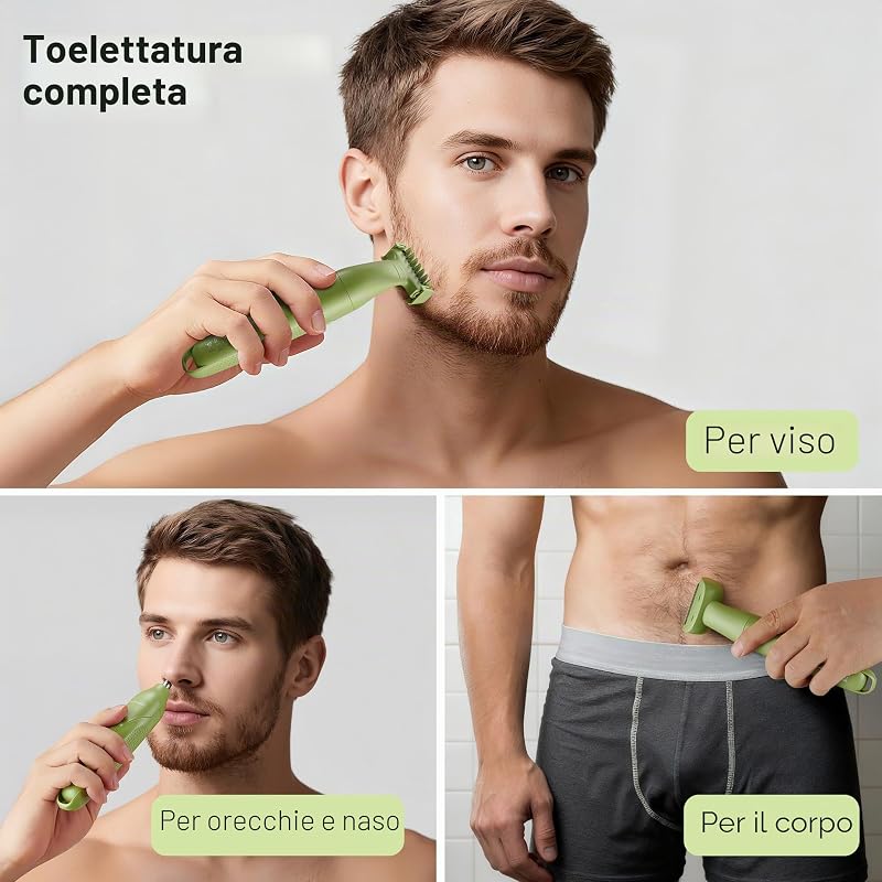 Set per la toelettatura dei dettagli, 3 in 1, per uomo, barba, parrucchiere, body groomer, trimmer naso e orecchie, rasoio senza fili con ricarica USB (Verde)