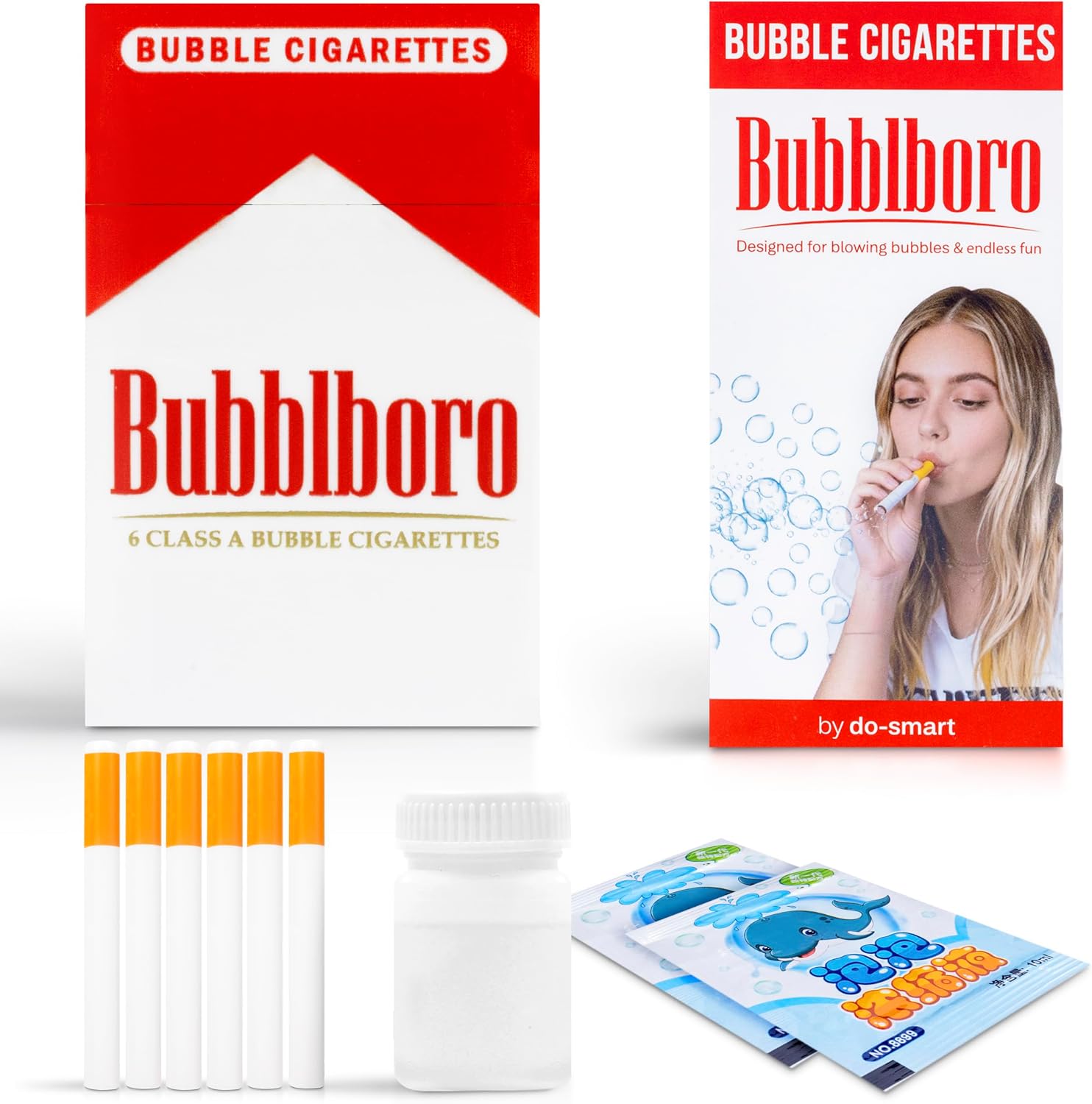 Bubble Cigarette Stress Relief Toy - Bubble Cigarette Pack Including 6 Cigarettes with Bubble Solution Bottle and 2 Sachets - Cigarette Bubble Blower - Fake Cigarettes Gift for Birthday
