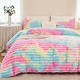 ZRNBAST Faux Fur Fluffy Duvet Cover 3 Pcs Pink Girls Bedding Set Twin Size Rainbow Tie Dye Plush Furry Comforter Cover Luxury Fuzzy Heavy Bed Sets for Teens Women(Pink Rainbow, Twin)