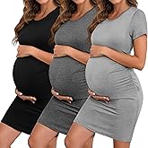 Riyiper 3 Pack Women's Maternity Dresses, Short Sleeve Pregnancy Dress Side Ruched Crew Neck Knee Length Mama Clothes