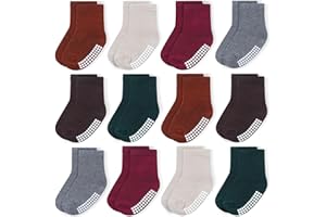 JAKIDAR 12 Pack Baby Toddler Socks Non Slip Grip Cotton Crew Socks for Boys Girls Infants Kids