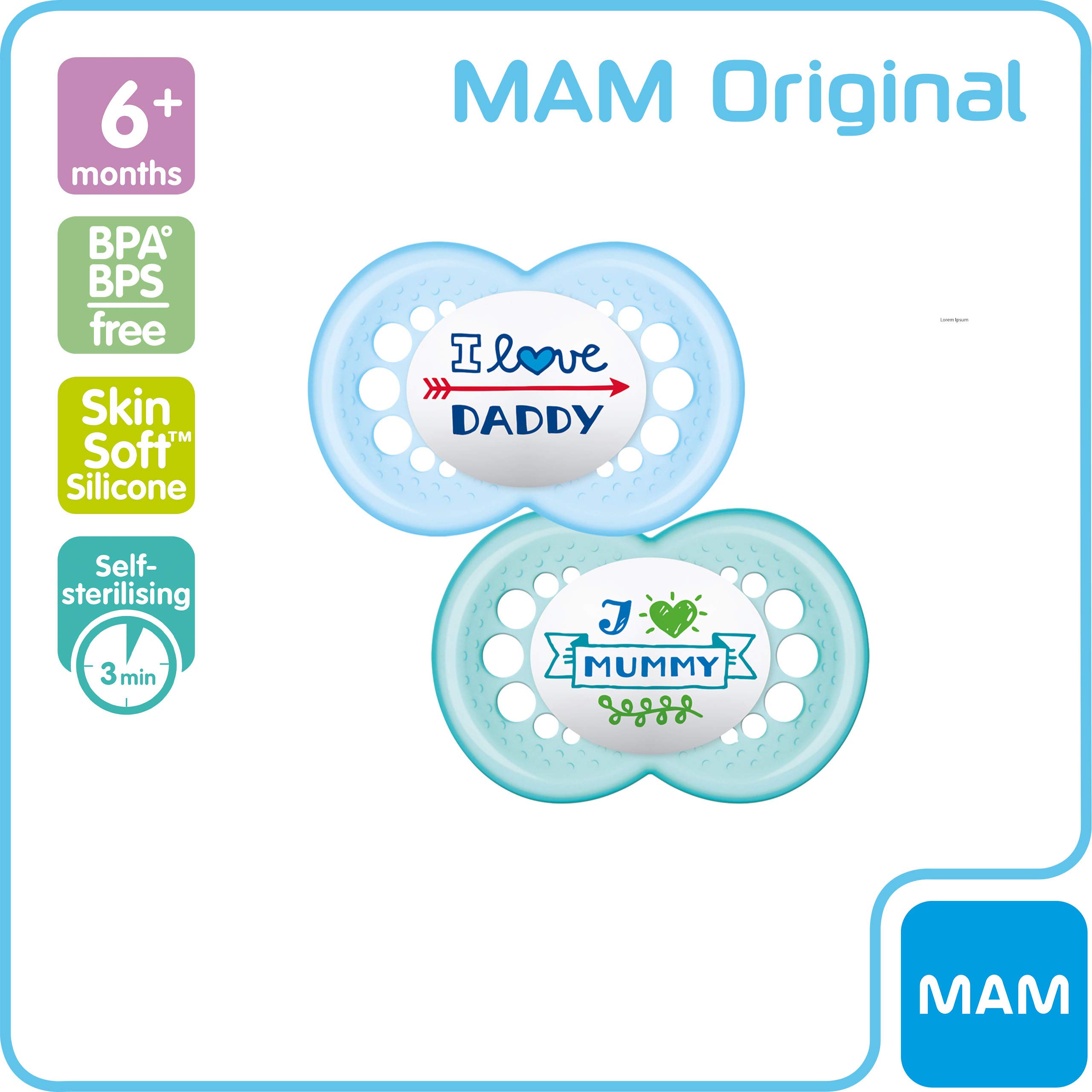 MAM Original Soothers Ciuccio 18-36 Mesi - Confezione Da 2, Tettarella In Silicone SkinSoft, Con Custodia Sterilizzante, Blu 'I Love Daddy' - 2