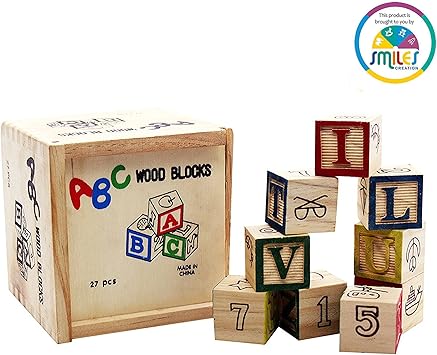 Smiles Creation ABC 123 Wooden Blocks Letters Numbers with Box Storage Case (27 Pieces)