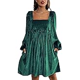SEMATOMALA Women's Square Neck Velvet Long Sleeve Ruffle Short Dress A Line Tie Back Babydoll Dress
