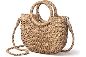 Rancco Straw Bags for Women, Rattan Purse with Round Wooden Handle, Detachable & Adjustable Beach Purses, Womens Shoulder Bag