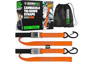 Rhino USA Motorcycle Tie Down Straps (2 Pack) Lab Inspected 2,200lb Break Strength, Steel Cambuckle Tiedown Set with Integrated Soft Loops - Better Than a Ratchet Strap (Orange 2-Pack)