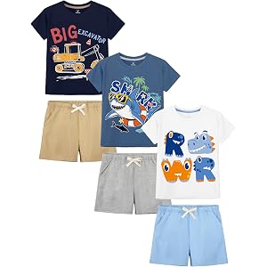 3 Set Toddler Boys Clothes Cotton Print Shirts and Shorts Outfits 2T-5T | 2T, 3T, 4T, 5T Boys Clothes, Soft Breathable Cotton