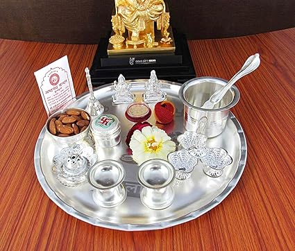 GoldGiftIdeas Silver-Plated Archana Pooja Thali Set with Coin and Chandan (Silver)