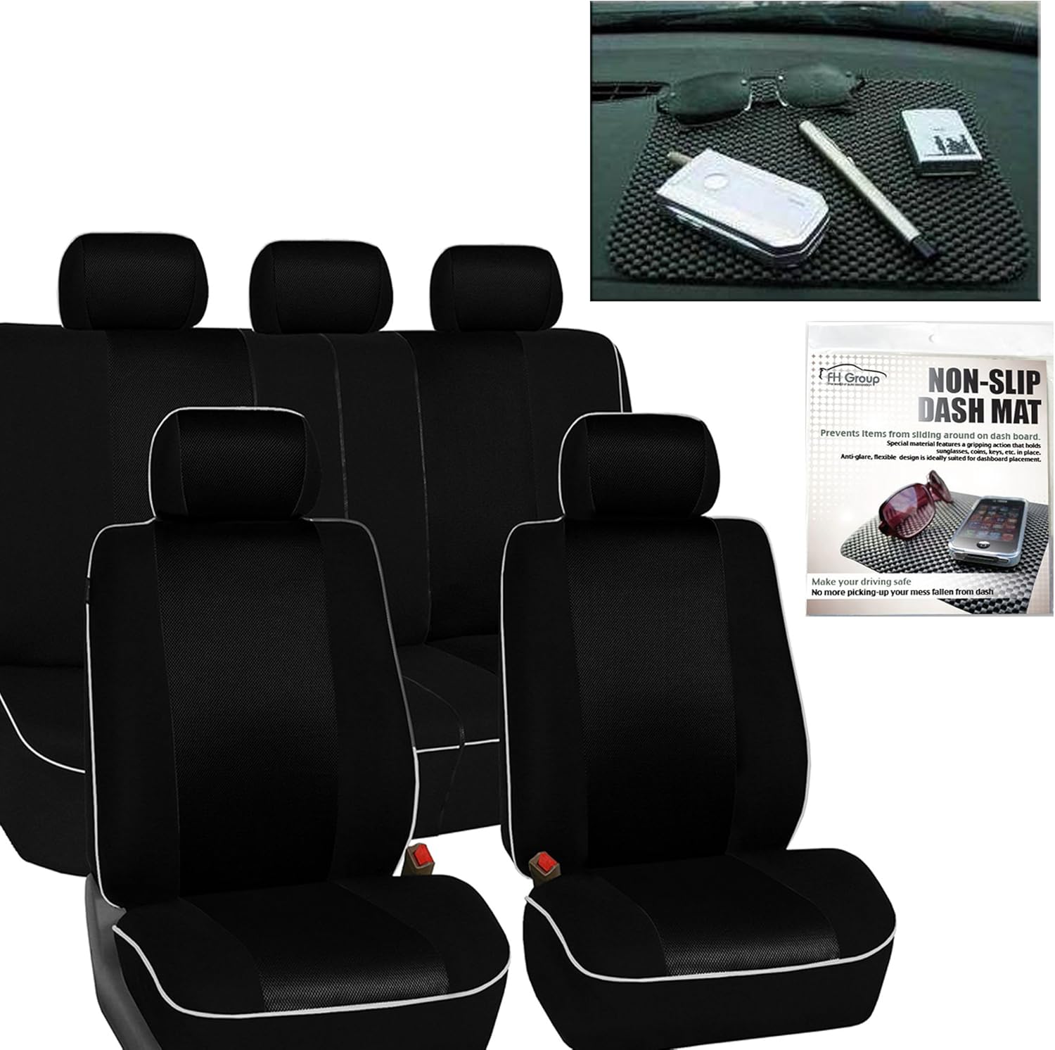FH Group FH-FB063115 Full Set Sports Fabric Car Seat Covers Solid Black, Airbag Compatible and Split Bench FH1002 Non-Slip Dash Grip Pad - Fit Most Car, Truck, SUV, or Van