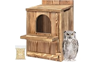 JOBSONSLATES Large Owl House with Wood Shavings- Durable Carbonized Pine Wood Owl Box for Outdoors, Barred and Screech Bird Nesting Box, Easy Clean & Ventilated Design, Ideal for Barn Bird Roosting