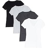 4 Pack Zenana Women's Basic V-Neck Tees Med White, Charcoal, Black, H Gray
