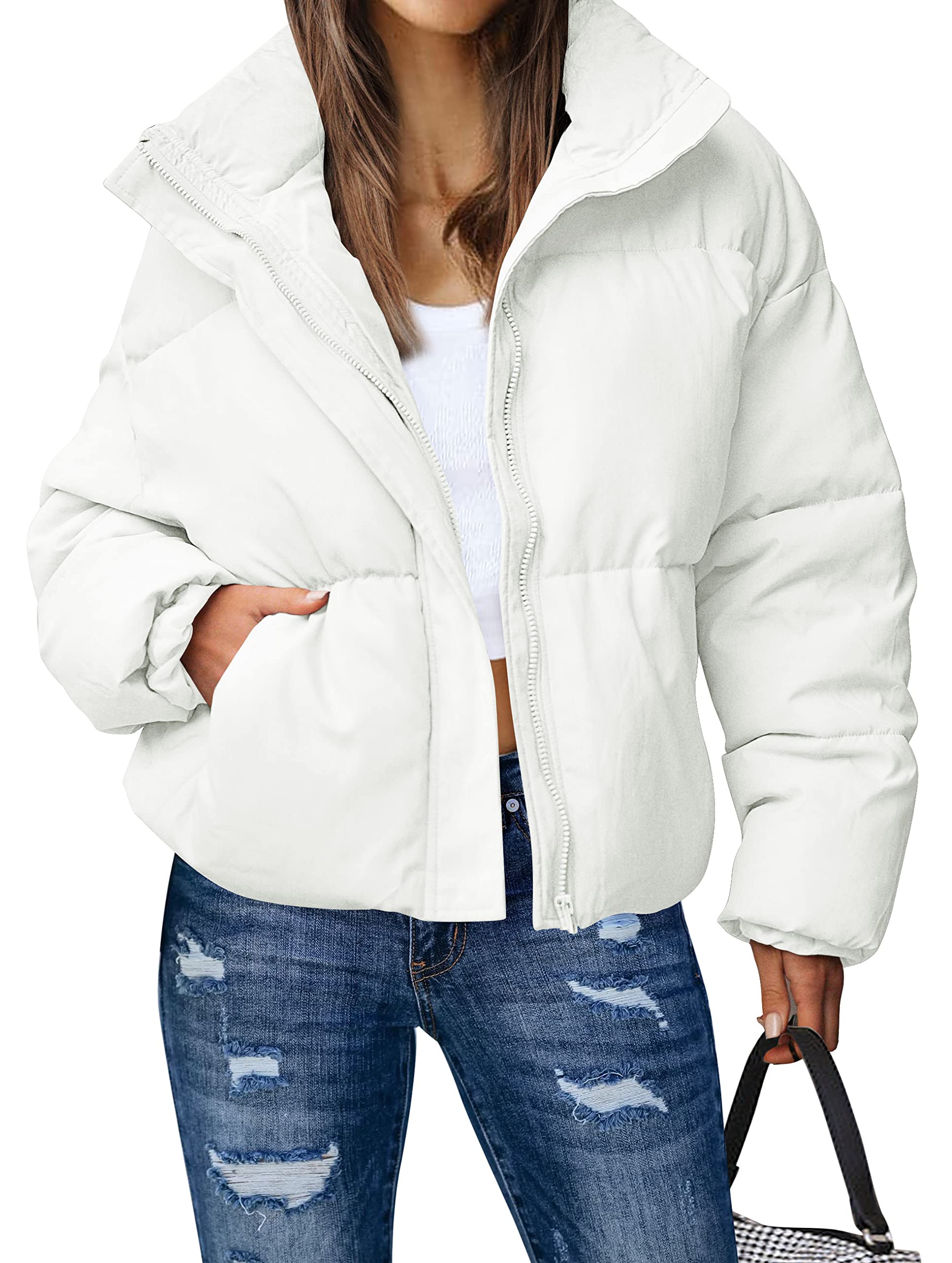 Photo 1 of MEROKEETY Women's Winter Long Sleeve Zip Puffer Jacket Stand Collar Baggy Short Coats with Pockets, White, M