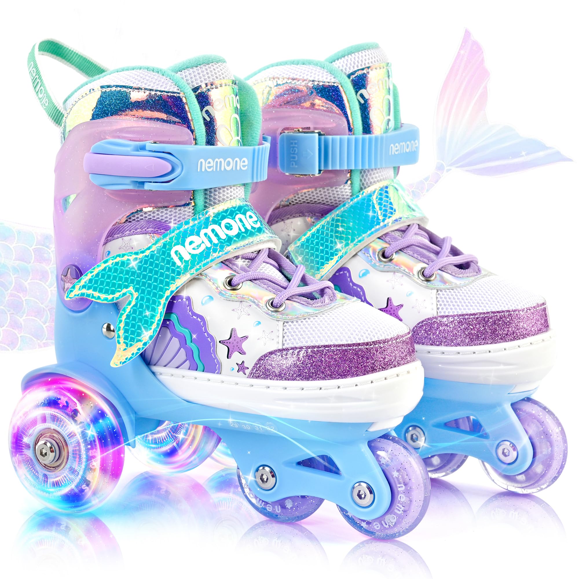 Photo 1 of NEMONE Mermaid 4 Size Adjustable Light up Roller Skates for Girls, Blue Purple Skates for Toddlers, Beginner Kids Roller Skates Indoor Outdoor (Toddler Blue S)