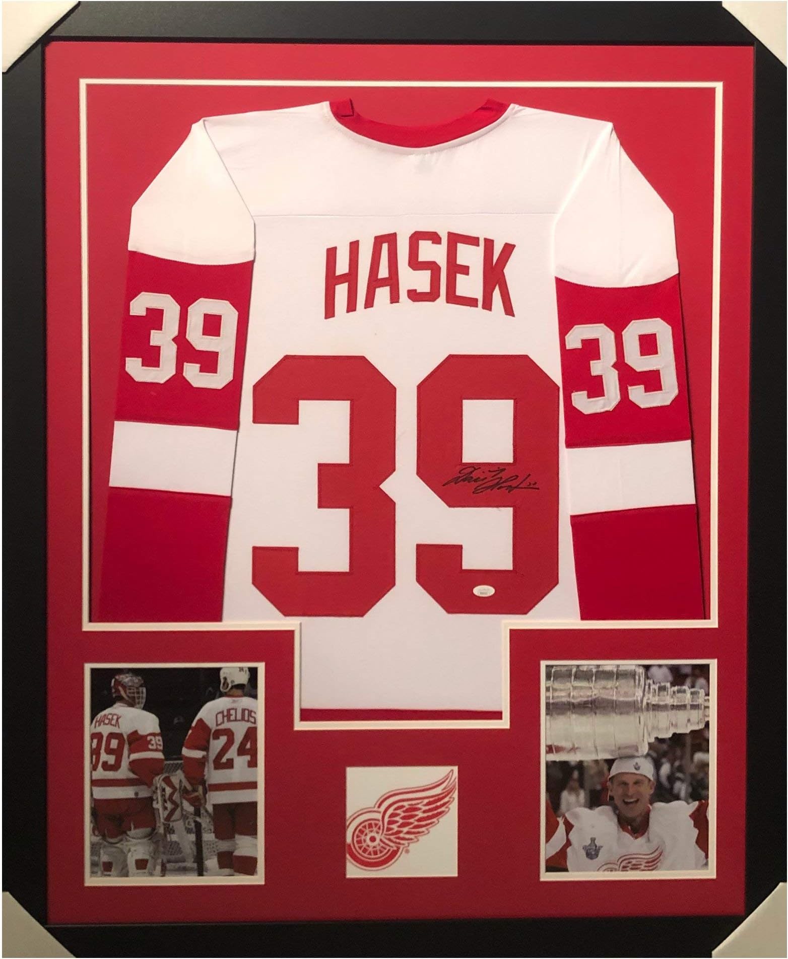 Dominik Hasek Autographed Hockey Jersey - Framed Detroit White Custom - Hand Signed & JSA Authenticated