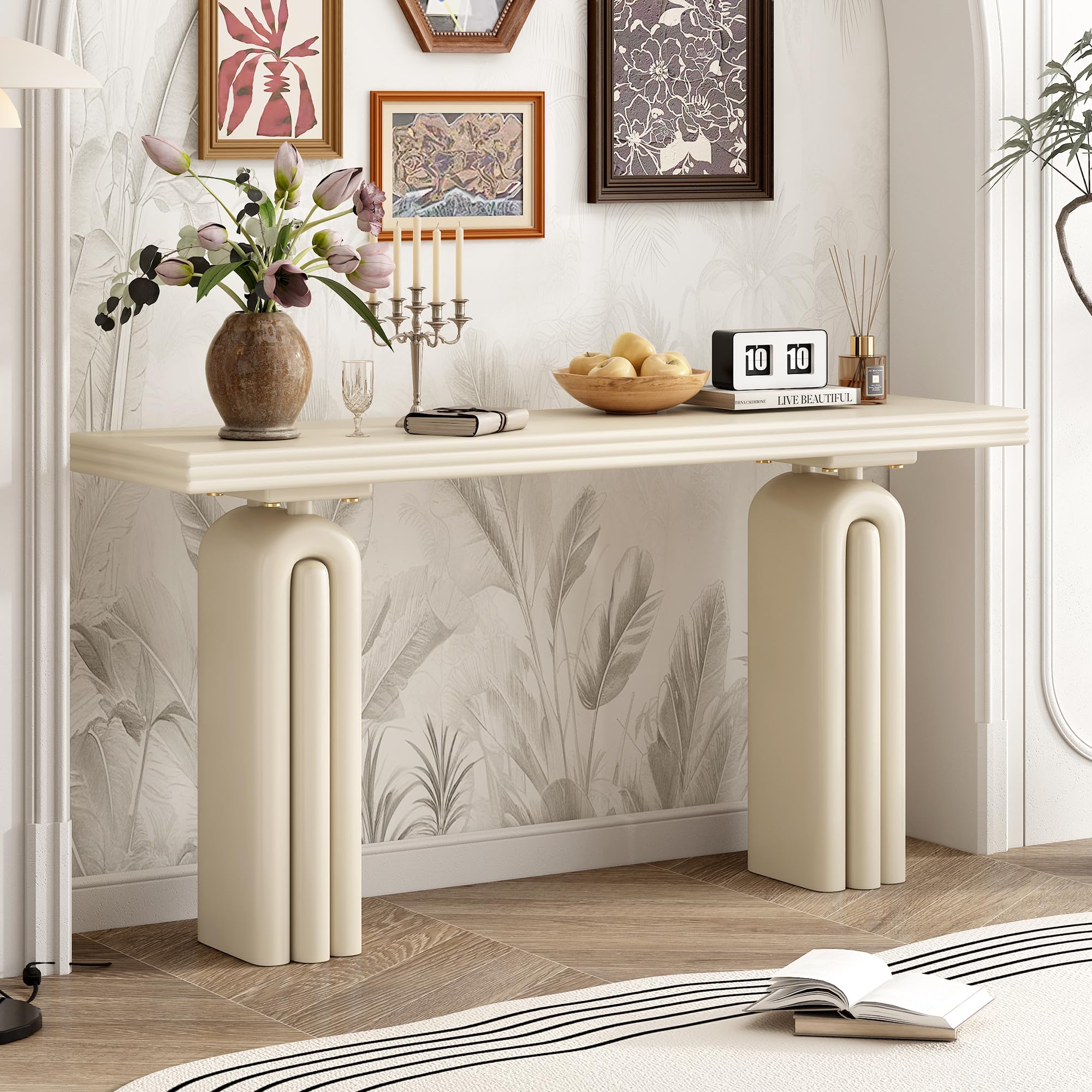 Photo 1 of ***Damaged, See photo***
Merax 60" Chic Acacia Veneer Console Table for Entryway, Art Layered Leg Design, Elegant Entry Table Rectangular Tabletop for Living Room Hallway, Foyer, Corridor, Bear 300lbs (Beige)