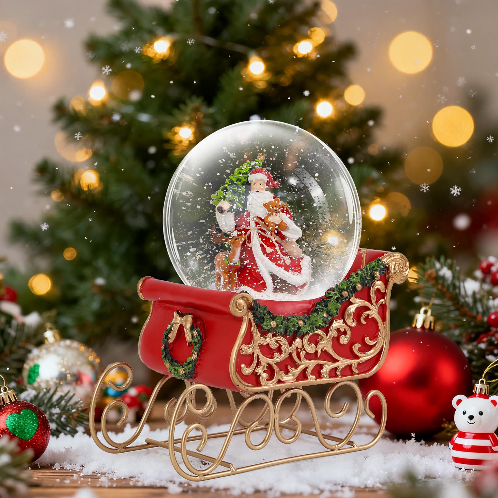 Photo 1 of 120MM Snow Globe Christmas Table Decor with Santa Tree Lighted Scene Indoor Christmas Ornaments Decorations for Home Fireplace Mantle (Santa with Sleigh)