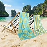 CASA COPENHAGEN Miami Bath Towels Designed in Denmark Rough and Tough, Quick Dry, for Pool, Bath & Shower 30"x60", 2 Pieces Cotton Beach Towels Set - Fish Teal + Yellow Stripe