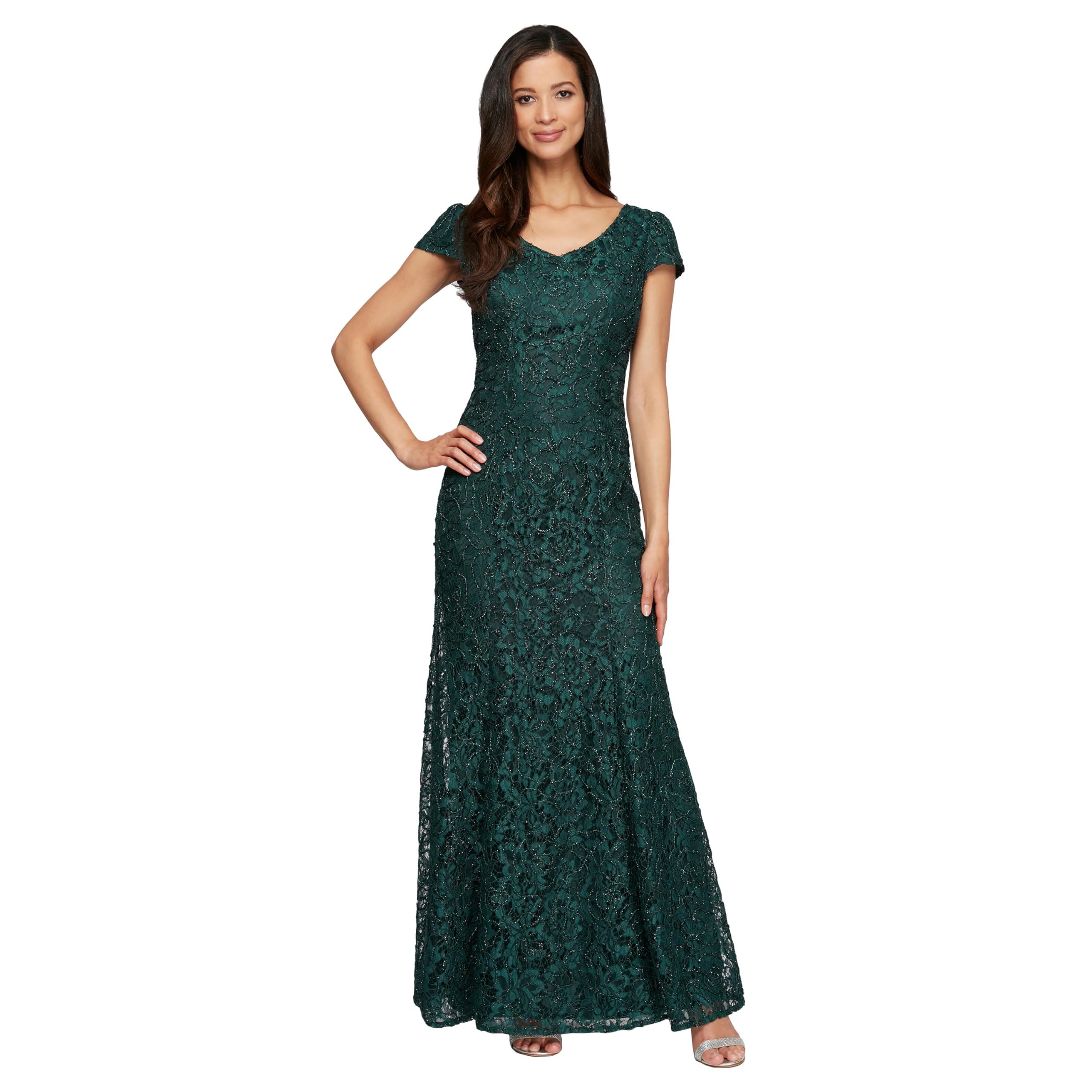 Photo 1 of Alex Evenings Women's Long Rosette Mother of The Bride Dress with Short Sleeves, Wedding Guest (Petite and Regular Sizes), Hunter Green - Corded Lace, 14